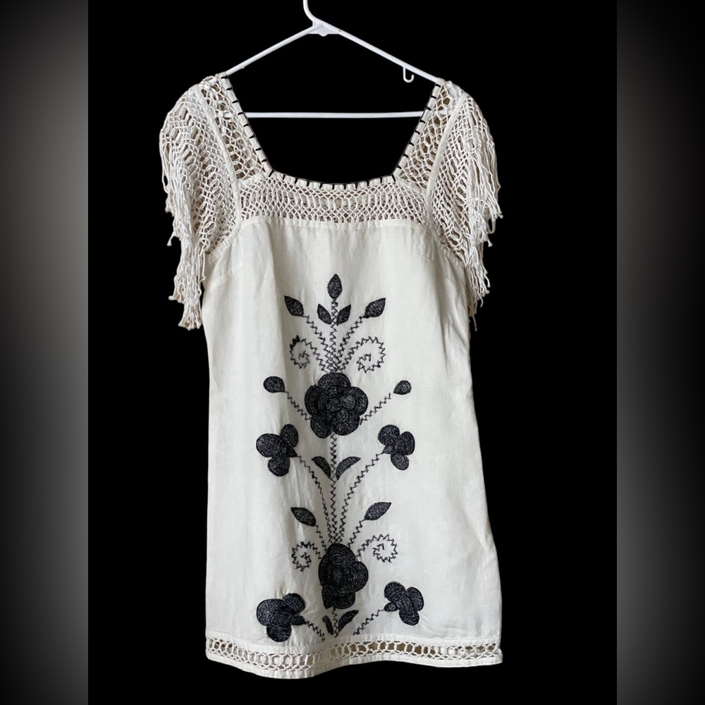 Free People Cream Mini Dress with Black Floral Embroidery - Picture 6 of 14